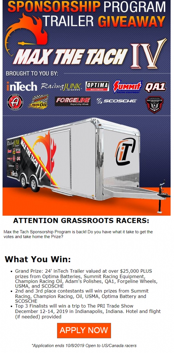 Win a Custom Race Trailer and Sponsorship Max The Tach