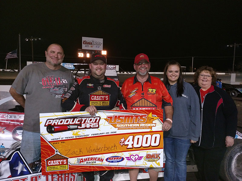 From left to right: Crew chief Danny Crane, driver Zack VanderBeek, father Jim VanderBeek, girlfriend Brittany Brown and mother Barb VanderBeek after Zack won the main event on night 3 of 3 at the 7th Annual Day Motor Sports Texas Spring Nationals at the Heart O' Texas Speedway in Elm Mott, Texas.
