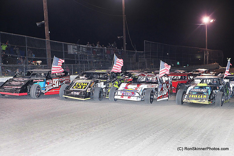 Four-wide parade lap with Zack VanderBeek and Kyle Strickler on the front row of the feature on night 3 of 3 at the 7th Annual Day Motor Sports Texas Spring Nationals at the Heart O' Texas Speedway in Elm Mott, Texas.