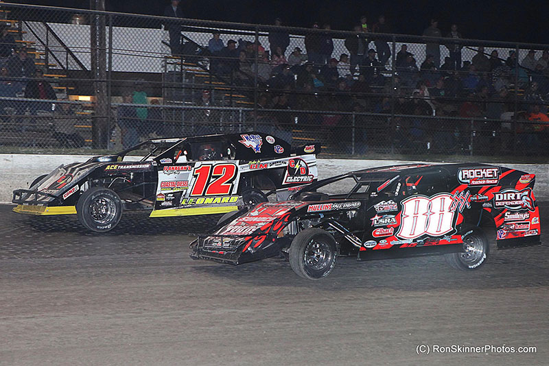 Cody Leonard (12) and Clyde Dunn Jr. (88xxx) on night 3 of 3 at the 7th Annual Day Motor Sports Texas Spring Nationals at the Heart O' Texas Speedway in Elm Mott, Texas.