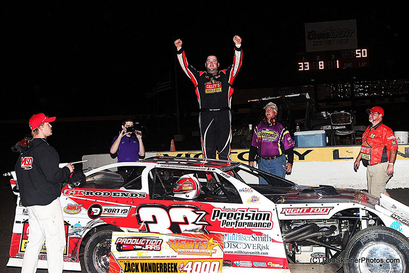 Zack VanderBeek celebrates his victory on night 3 of 3 at the 7th Annual Day Motor Sports Texas Spring Nationals at the Heart O' Texas Speedway in Elm Mott, Texas.