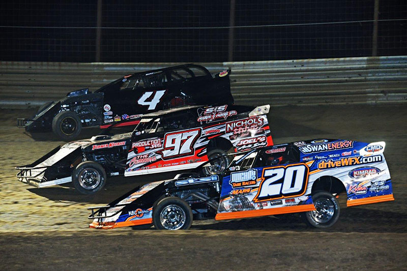 Cody Bauman (4), Cade Dillard (97) and Rodney Sanders (20) during the inaugural �Cage Match� at the Atchison County Raceway in Atchison, Kan., on Sunday, April 24, 2016. (John Lee Photo)