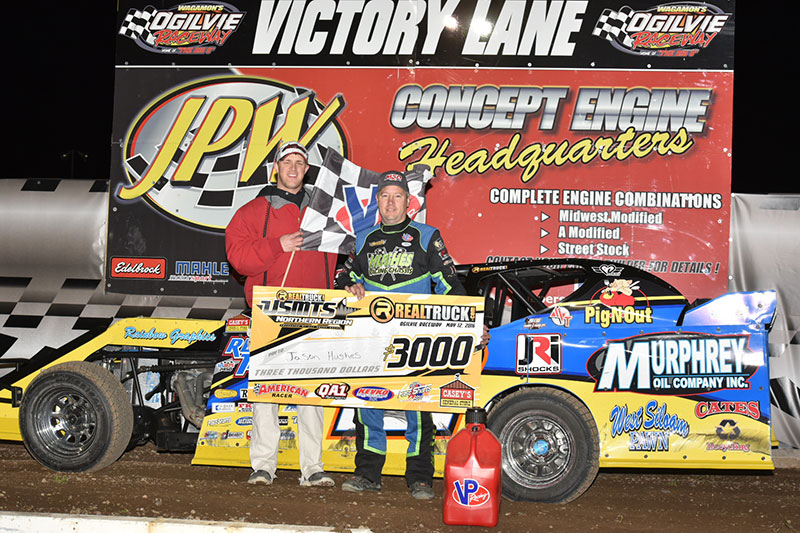 Jason Hughes in Widow Wax Victory Lane after winning the USMTS Casey's Cup Series event on Thursday, May 12, 2016, at the Ogilvie Raceway in Ogilvie, Minn. (Buck Monson Photo)