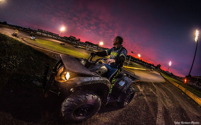 Eventual winner Jason Hughes surveys the track preparation prior to the start of the main event during the 18th Annual Masters at the Cedar Lake Speedway in New Richmond, Wis., on Friday, June 17, 2016.