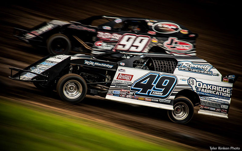 Jake Timm (49) and Jett Big Eagle (99) during the 18th Annual Masters at the Cedar Lake Speedway in New Richmond, Wis., on Friday, June 17, 2016.