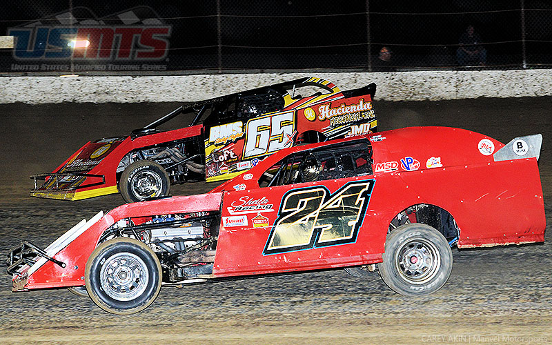 Carlos Ahumada Jr. (65) and Sean Jones (24) during the Summit Racing USMTS Southern Region event at the Cotton Bowl Speedway in Paige, Texas, on Saturday, Feb. 11, 2017.