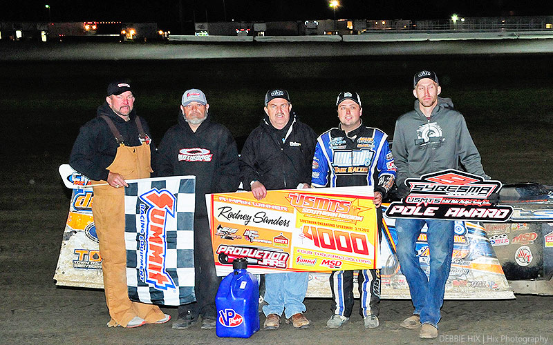 Rodney Sanders of Happy, Texas, won the Sybesma Pole Award and main event on Saturday, March 11, at the 5th Annual Production Jars Sooner Showdown at the Southern Oklahoma Speedway in Ardmore, Okla., part of Summit Racing USMTS Winter Speedweeks.