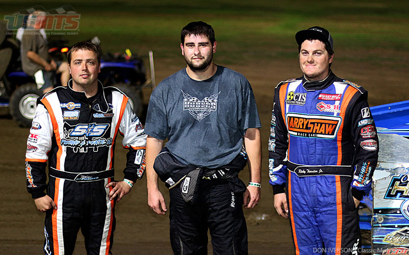 The top three main event finishers on Thursday, March 9 (from left to right): third-place Rodney Sanders, runner-up Ryan Gustin and main event winner Ricky Thornton Jr. at the 5th Annual Production Jars Sooner Showdown at the Southern Oklahoma Speedway in Ardmore, Okla., part of Summit Racing USMTS Winter Speedweeks.