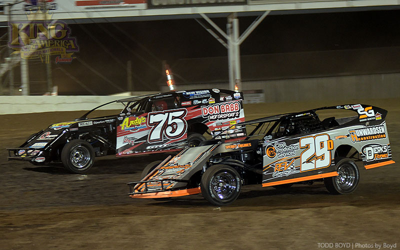 Terry Phillips (75) and Brad Dierks (29d) during the King of America VII Modified Nationals presented by Summit Racing at the Humboldt Speedway in Humboldt, Kan., on Thursday, March 23, 2017.