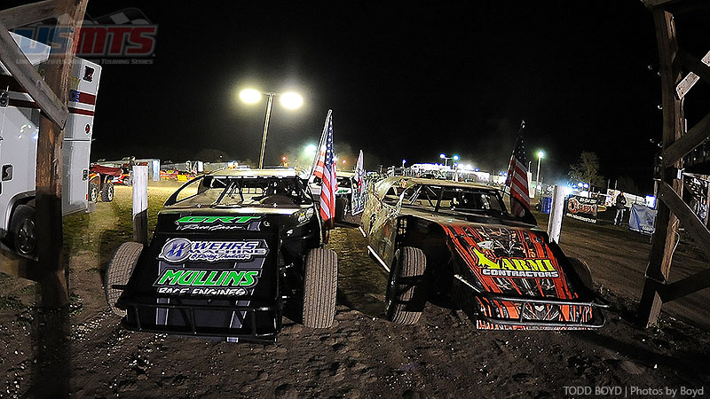 Tyler Wolff (right) and Stormy Scott (left) get ready to lead the main event field onto the race track during the 9th Annual USMTS Missouri Meltdown at the I-35 Speedway in Winston, Mo., on Saturday, April 22, 2017.