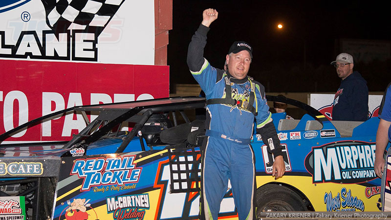 Jason Hughes celebrates after winning the 10th Annual USMTS Nordic Nationals at the Upper Iowa Speedway in Decorah, Iowa, on Sunday, May 28, 2017.