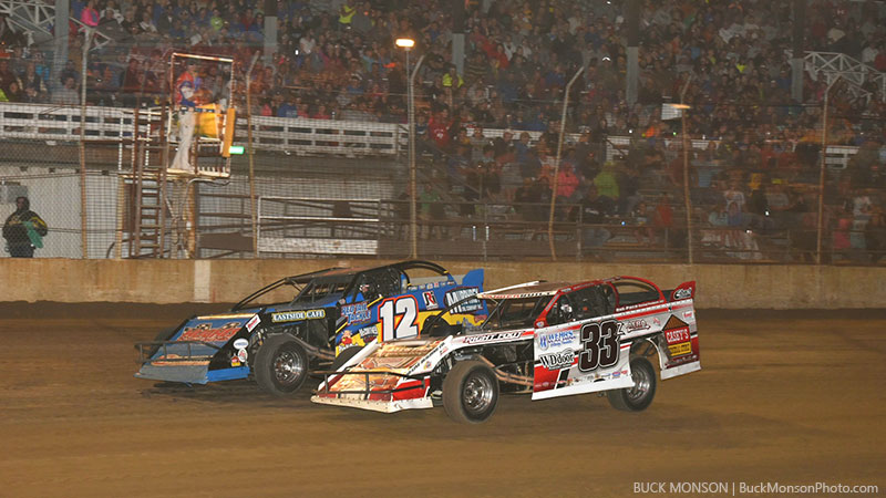 With two laps to go in the main event, Zack VanderBeek (33z) tried to pass the leader, Jason Hughes (12), but had to settle for second place at the 10th Annual USMTS Nordic Nationals at the Upper Iowa Speedway in Decorah, Iowa, on Sunday, May 28, 2017.