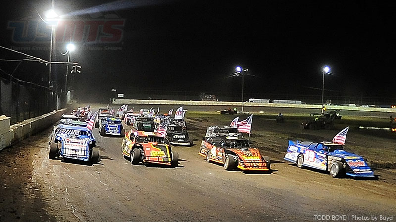From left to right: Tanner Mullens, Mike Densberger, Tyler Wolff and Ryan Gustin pace the field during the parade lap at the 3rd Annual USMTS Southern Kansas Nationals at the Caney Valley Speedway in Caney, Kan., on Tuesday, June 6, 2017.