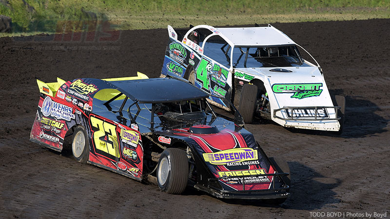 Adam Kates (23) and Dereck Ramirez at the 7th Annual USMTS Malvern Bank Duals at the Adams County Speedway in Corning, Iowa, on Saturday, June 10, 2017.