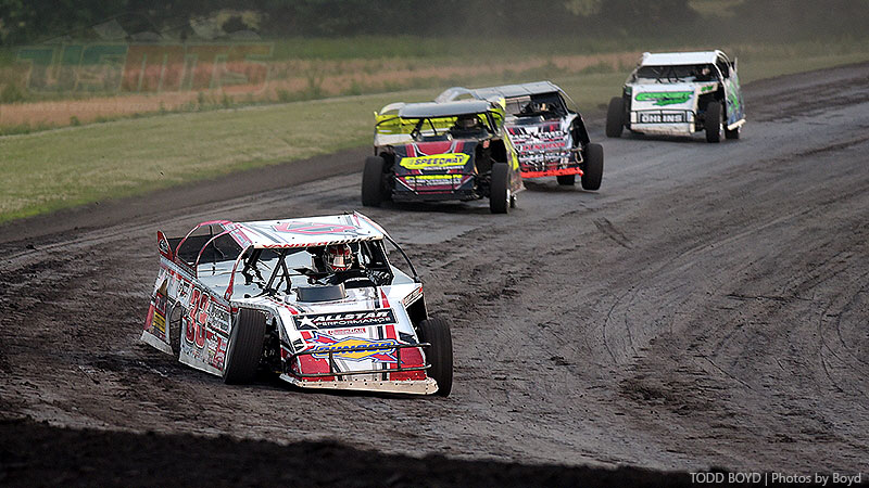 Zack VanderBeek leads a pack of cars during heat race action at the 7th Annual USMTS Malvern Bank Duals at the Adams County Speedway in Corning, Iowa, on Saturday, June 10, 2017.