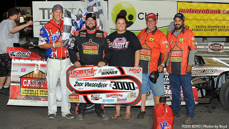 Zack VanderBeek celebrates with his family and crew after winning the 7th Annual USMTS Malvern Bank Duals at the Adams County Speedway in Corning, Iowa, on Saturday, June 10, 2017.