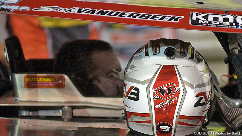 Zack VanderBeek prepares to climb out of his car after winning the 7th Annual USMTS Malvern Bank Duals at the Adams County Speedway in Corning, Iowa, on Saturday, June 10, 2017.