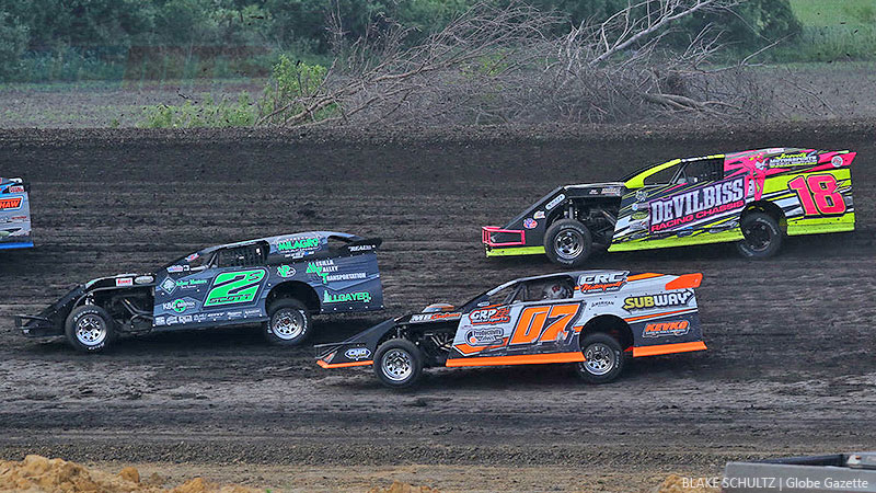 Stormy Scott (2s), Cory Crapser (07) and Zane DeVilbiss (18z) during the 2nd Annual USMTS Diamond Jo Casino �All-In 77� at the Mason City Motor Speedway in Mason City, Iowa, on Sunday, June 11, 2017.