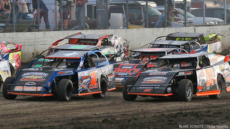 Heat race action with Curt Myers (1m) and Cory Crapser (07) during the 2nd Annual USMTS Diamond Jo Casino �All-In 77� at the Mason City Motor Speedway in Mason City, Iowa, on Sunday, June 11, 2017.