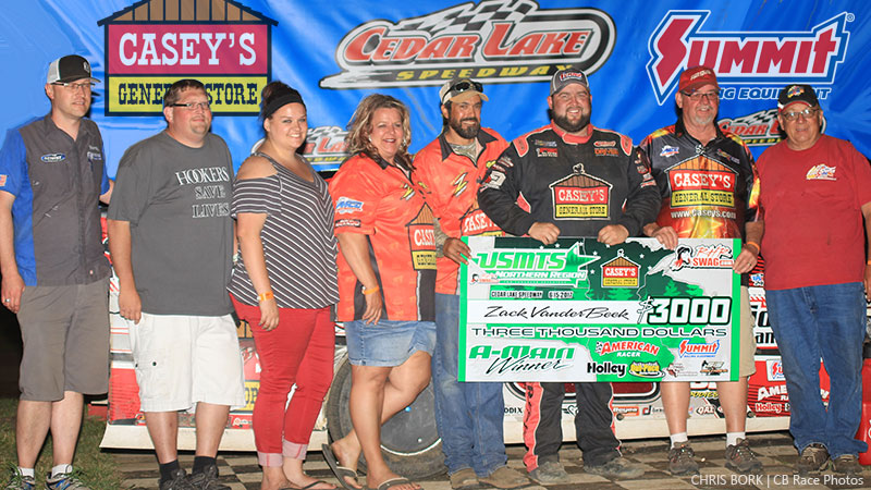 Zack VanderBeek won the RHRSwag.com Northern Region main event during the 19th Annual Masters at the Cedar Lake Speedway in New Richmond, Wis., on Thursday, June 15, 2017.