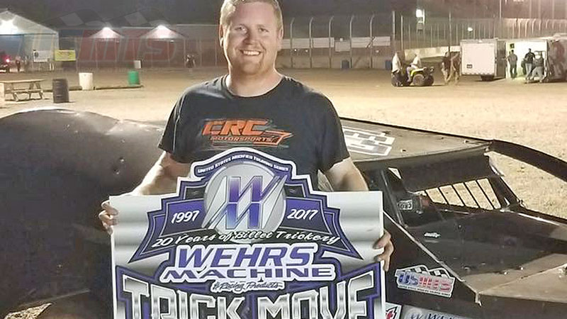 Cory Crapser earned the Wehrs Machine & Racing Products Trick Move of the Race Award during Round #1 of the USMTS Badgerland Summer Shootout presented by Prestige Custom Cabinetry at the Luxemburg Speedway in Luxemburg, Wis., on Tuesday, July 11, 2017.