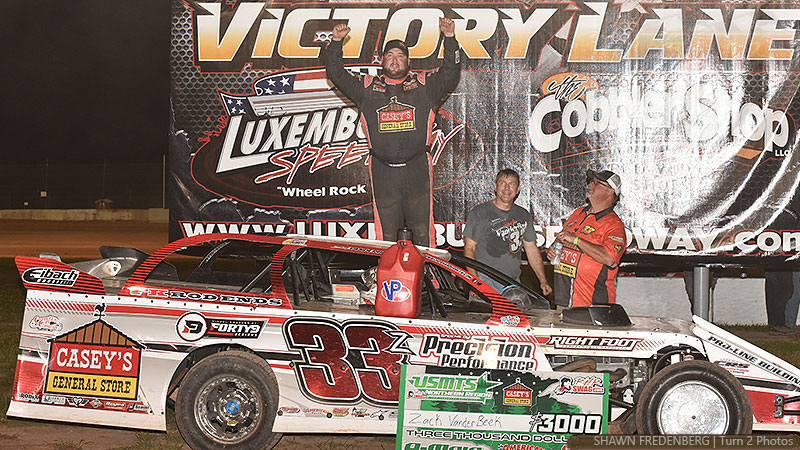 Zack VanderBeek celebrates after winning Round #1 of the USMTS Badgerland Summer Shootout presented by Prestige Custom Cabinetry at the Luxemburg Speedway in Luxemburg, Wis., on Tuesday, July 11, 2017.