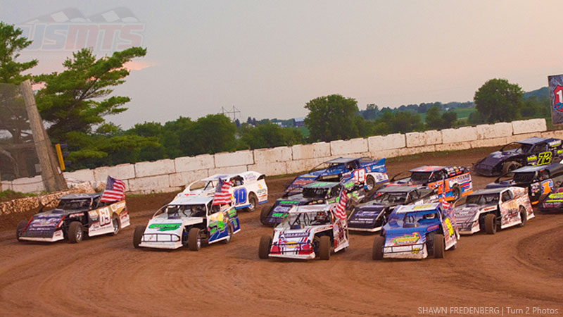 Four-wide parade lap during Round #2 of the USMTS Badgerland Summer Shootout presented by Prestige Custom Cabinetry at the 141 Speedway in Francis Creek, Wis., on Wednesday, July 12, 2017.