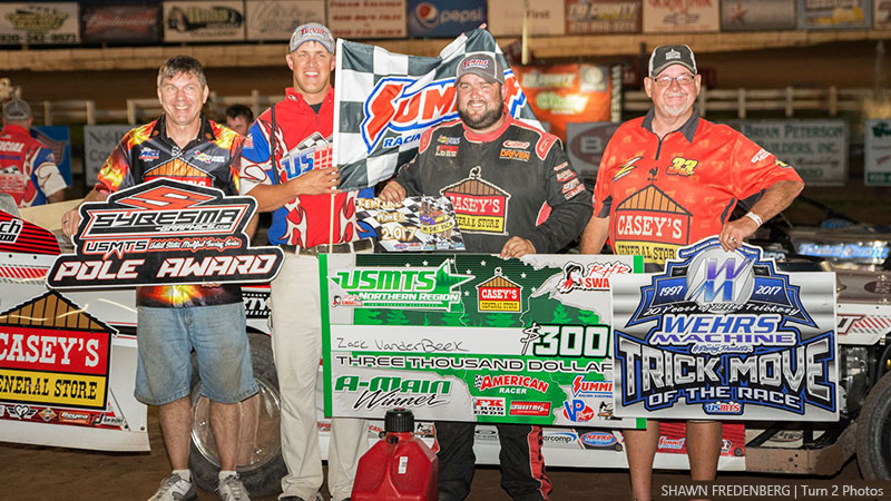 Zack VanderBeek in victory lane after winning Round #2 of the USMTS Badgerland Summer Shootout presented by Prestige Custom Cabinetry at the 141 Speedway in Francis Creek, Wis., on Wednesday, July 12, 2017.