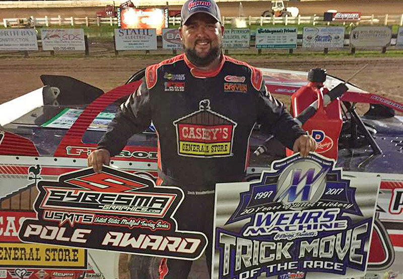 In addition to winning the race, Zack VanderBeek earned the Wehrs Machine & Racing Products Trick Move of the Race Award and Sybesma Graphics Pole Award during Round #2 of the USMTS Badgerland Summer Shootout presented by Prestige Custom Cabinetry at the 141 Speedway in Francis Creek, Wis., on Wednesday, July 12, 2017.