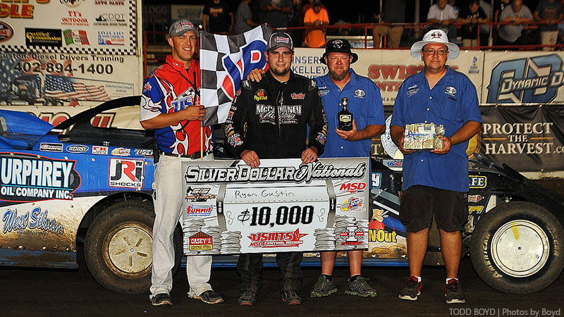 Ryan Gustin in victory lane following his win at the 7th Annual Silver Dollar Nationals at the I-80 Speedway in Greenwood, Neb., on Saturday, July 22, 2017.
