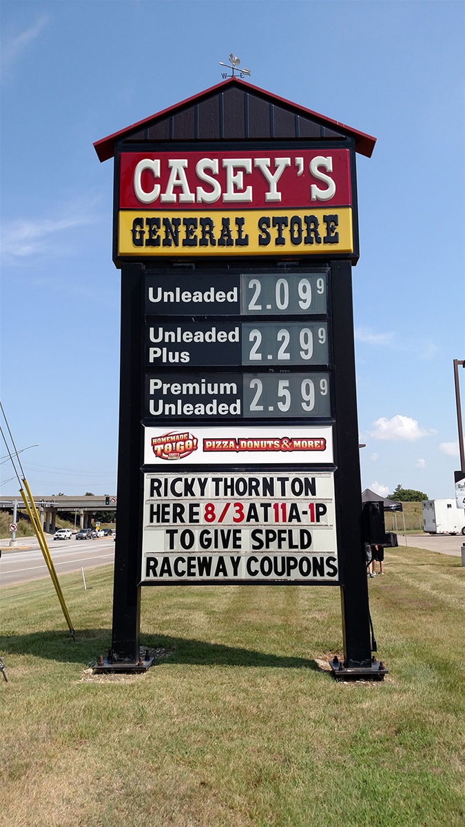 Casey's General Stores lets customers know about Ricky Thornton Jr.'s appearance during the opening round of the USMTS Hunt for the Casey's Cup powered by S&S Fishing & Rental at the Springfield Raceway in Springfield, Mo., on Thursday, Aug. 3, 2017.