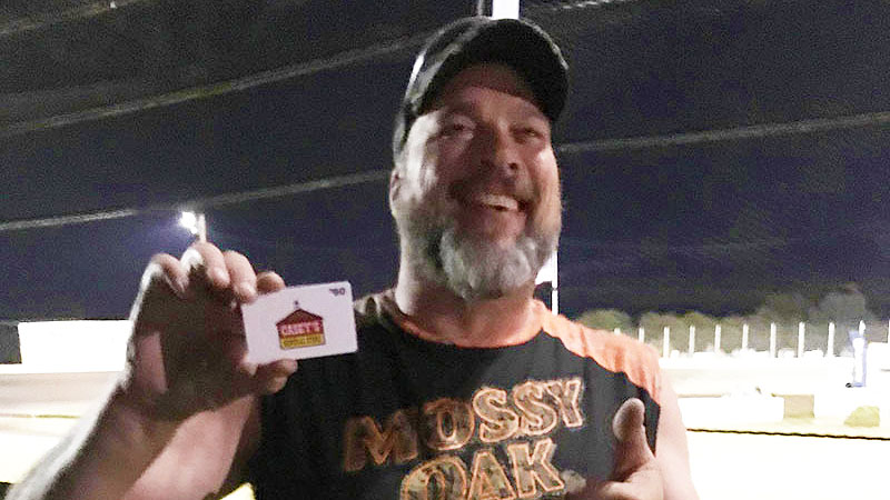 Jim R. of Stewartville, Minn., won a $50 gift card in the Casey's General Stores Lucky Fan Giveaway during the 19th Annual Featherlite Fall Jamboree at the Deer Creek Speedway in Spring Valley, Minn., on Friday, Sept. 22, 2017.
