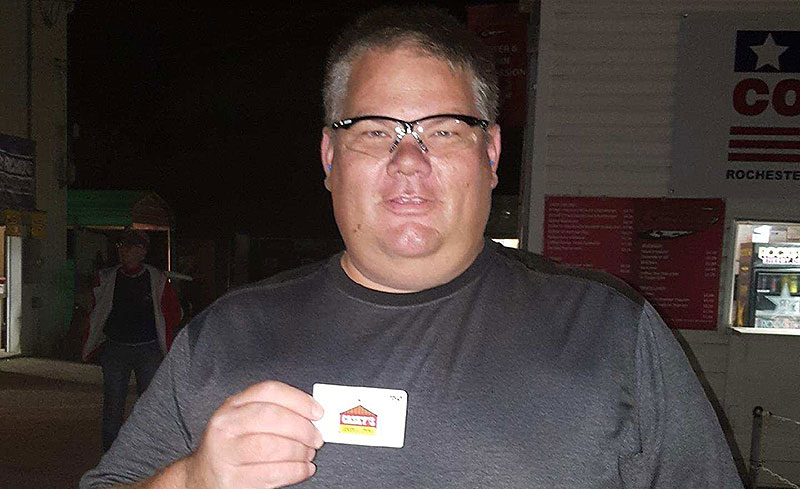 Carl Maki of Minnesota City, Minn.,  won a $50 gift card in the Casey's General Stores Lucky Fan Giveaway during the 19th Annual Featherlite Fall Jamboree at the Deer Creek Speedway in Spring Valley, Minn., on Friday, Sept. 21, 2017.