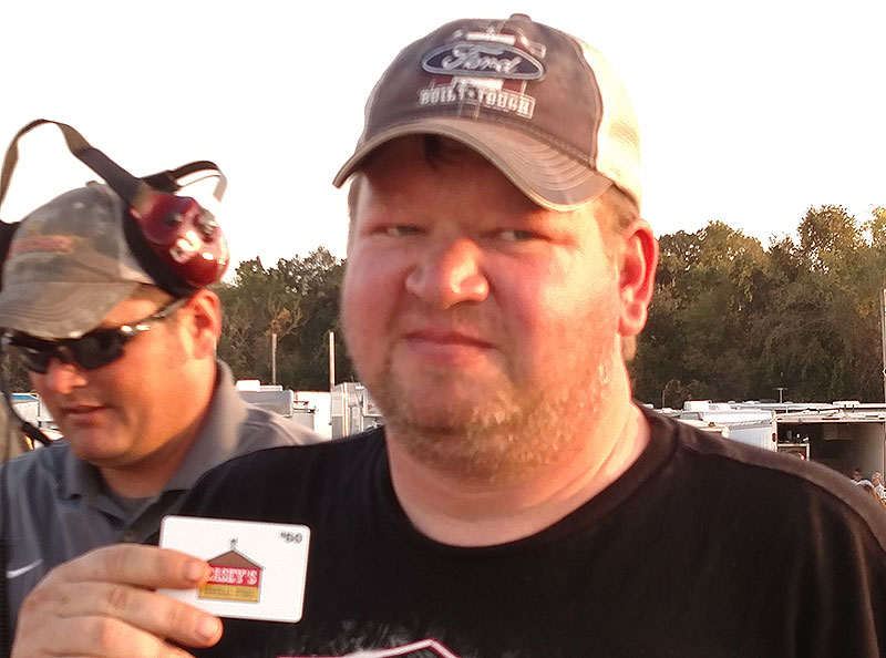 Terry Bendel won a $50 gift card from Casey's General Store at the Deer Creek Speedway in Spring Valley, Minn., on Friday, Sept. 22, 2017, during the 19th Annual Featherlite Fall Jamboree.