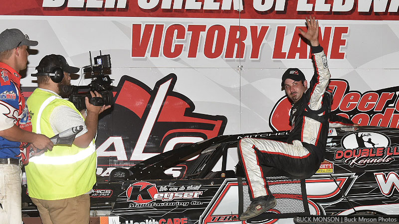 Jon Mitchell celebrates after winning the USMTS Non-Qualifiers Race during the 19th Annual Featherlite Fall Jamboree at the Deer Creek Speedway in Spring Valley, Minn., on Saturday, Sept. 23, 2017.