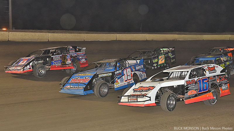 The front row starters for the 50-lap USMTS main event during the 19th Annual Featherlite Fall Jamboree at the Deer Creek Speedway in Spring Valley, Minn., on Saturday, Sept. 23, 2017, were Chris Henigan (16), Ryan Gustin (19r) and Joe Duvall (91).
