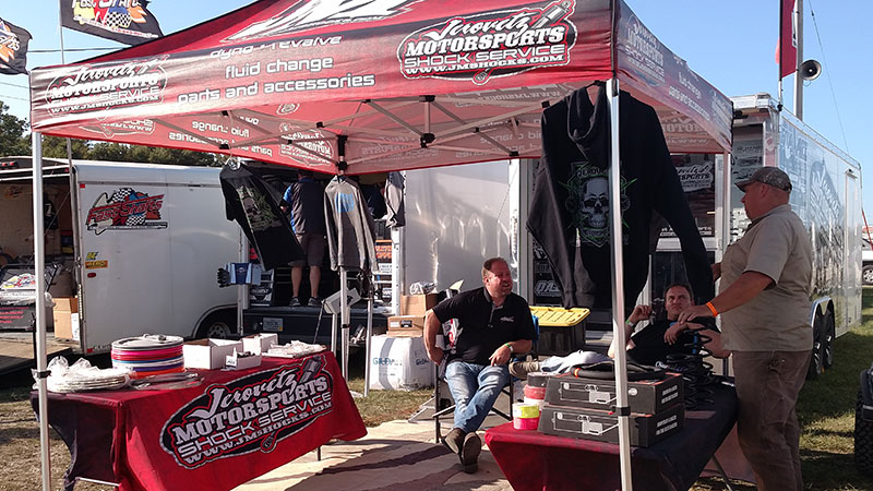 Jerovetz Motorsports Shock Service on display during the 19th Annual Featherlite Fall Jamboree at the Deer Creek Speedway in Spring Valley, Minn., on Thursday, Sept. 21, 2017.