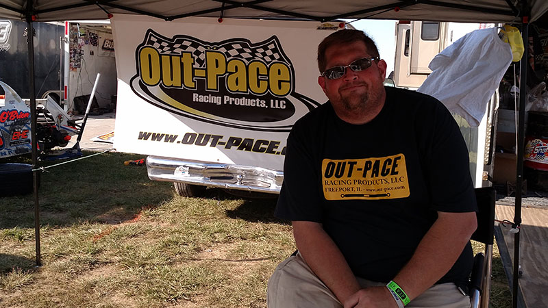 Reben Meyer with Out-Pace Racing Products on display during the 19th Annual Featherlite Fall Jamboree at the Deer Creek Speedway in Spring Valley, Minn., on Thursday, Sept. 21, 2017.
