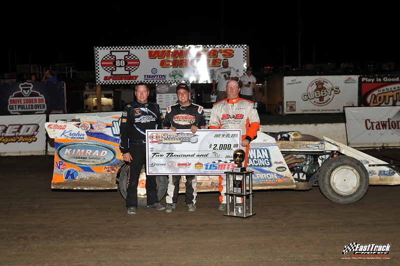 Top 3 finishers on opening night of the Silver Dollar Nationals at the I-80 Speedway (left to right): Jason Hughes, Rodney Sanders and Johnny Bone Jr.