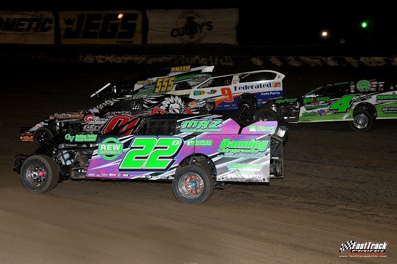Feature race action at the I-80 Speedway during the Silver Dollar Nationals. Joey Galloway (01), Ryan Ruter (555), Daniel Hilsabeck (22d), Ken Schrader (9) and Dereck Ramirez (4r).