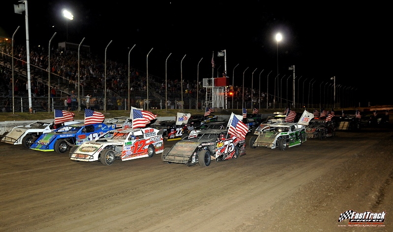 Four-wide parade lap at the I-80 Speedway during the Silver Dollar Nationals. Terry Phillips, Johnny Bone Jr., Jason Hughes and Thomas Tillison Jr.