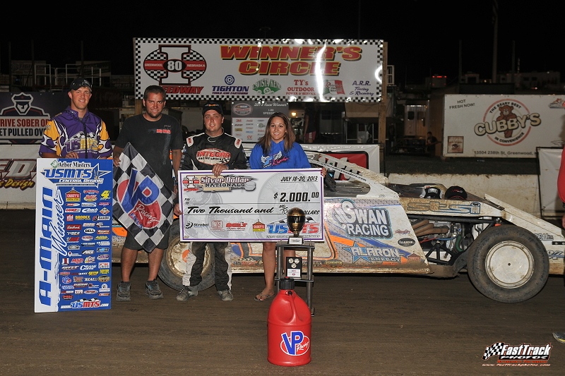 Rodney Sanders in victory lane after winning the opening night of the Silver Dollar Nationals at the I-80 Speedway.