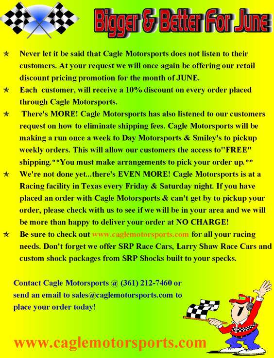 Cagle Motorsports offering discount pricing for June