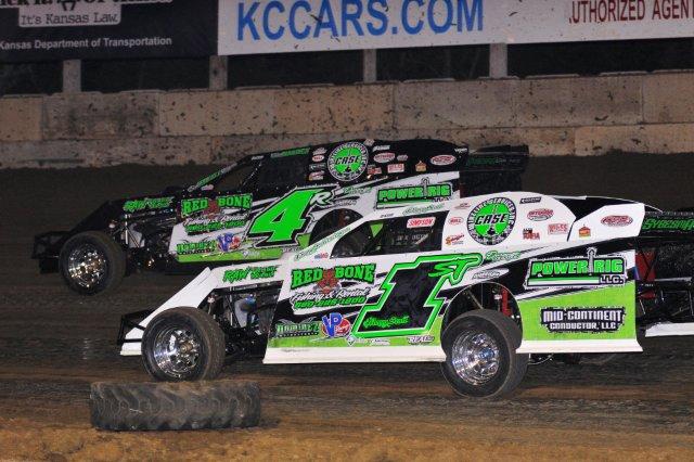 Teammates Dereck Ramirez (4r) and Johnny Scott (1st) race side by side in the Swan Energy �A� Main at the Humboldt Speedway. (John Lee Photo)